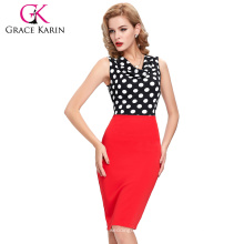 2016 Neue Ankunfts-Abendkleid-Frauen nehmen passende Sleeveless rote V-Ansatz Polka-Punkte, die kurzes Bleistift-Kleid CL009265-1 spleißen